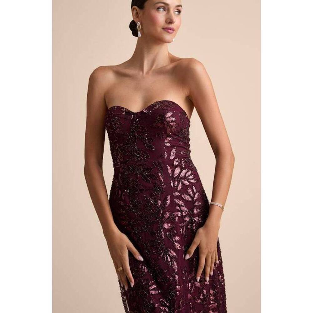 Lulus Beyza Burgundy Sequin Beaded Strapless Midi Dress Red - Size XS